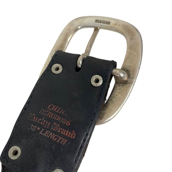 LUCKY BRAND Black Leather Braided Woven Belt Solid Brass Silver-Tone Buckle Mens - Picture 5 of 6